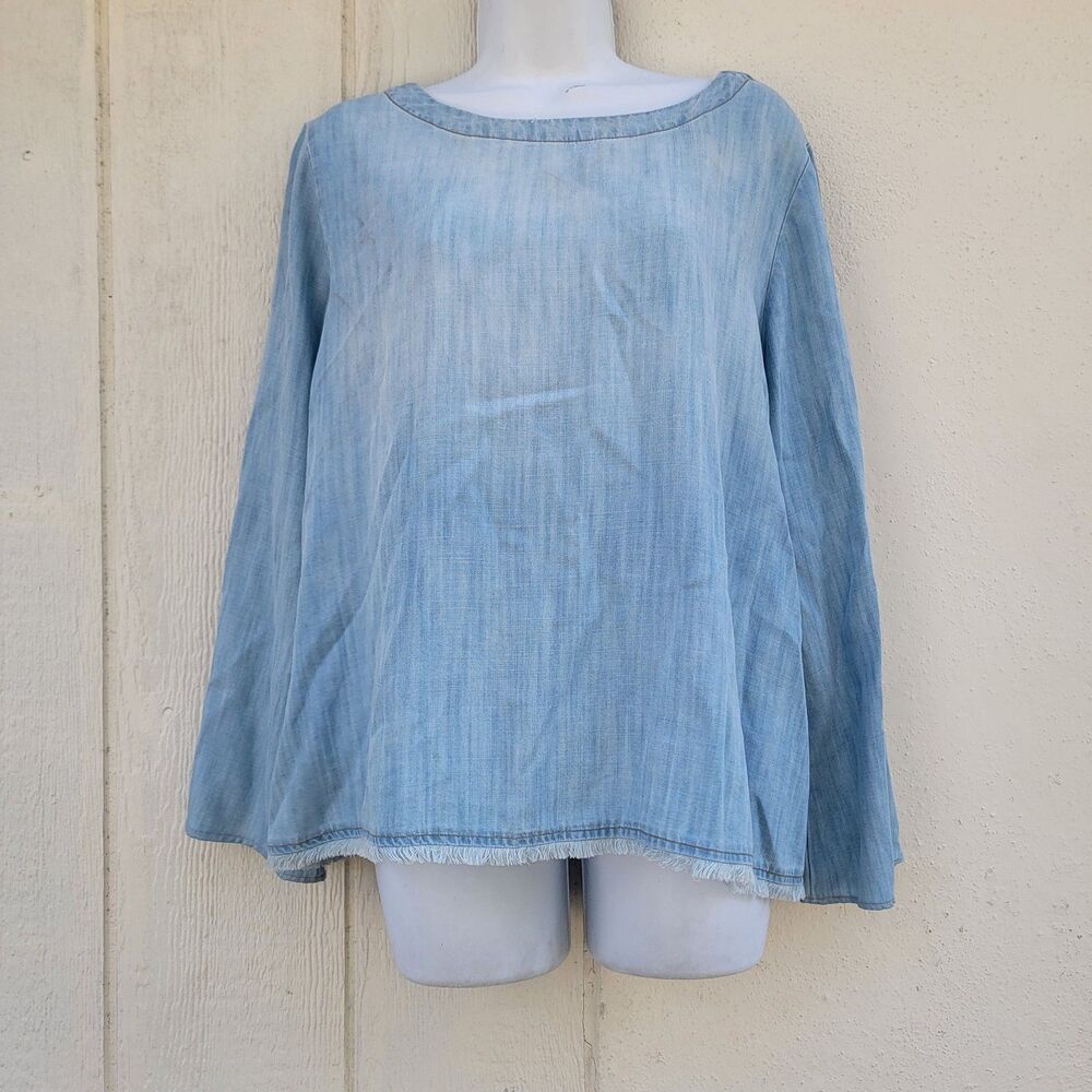 Cloth & Stone Chambray Blouse Button & Tie Back Raw Hem Flare Sleeve Sz M Boho